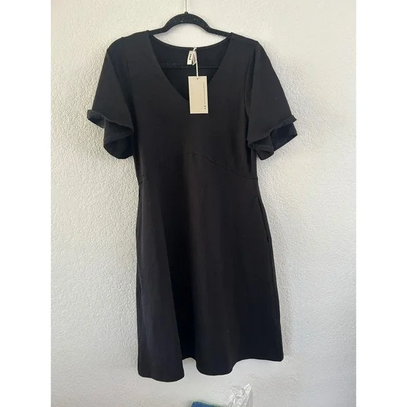 NWT Pact Black Organic Cotton Fit and Flare V-Neck A-Line Dress M Party LBD - Picture 5 of 8